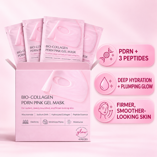 A pink box of BIO-COLLAGEN PDRN PINK GEL MASK with four individual packets fanned out behind it, alongside three pink callout badges highlighting key benefits: PDRN + 3 Peptides, Deep Hydration + Plumping Glow, and Firmer, Smoother-Looking Skin.